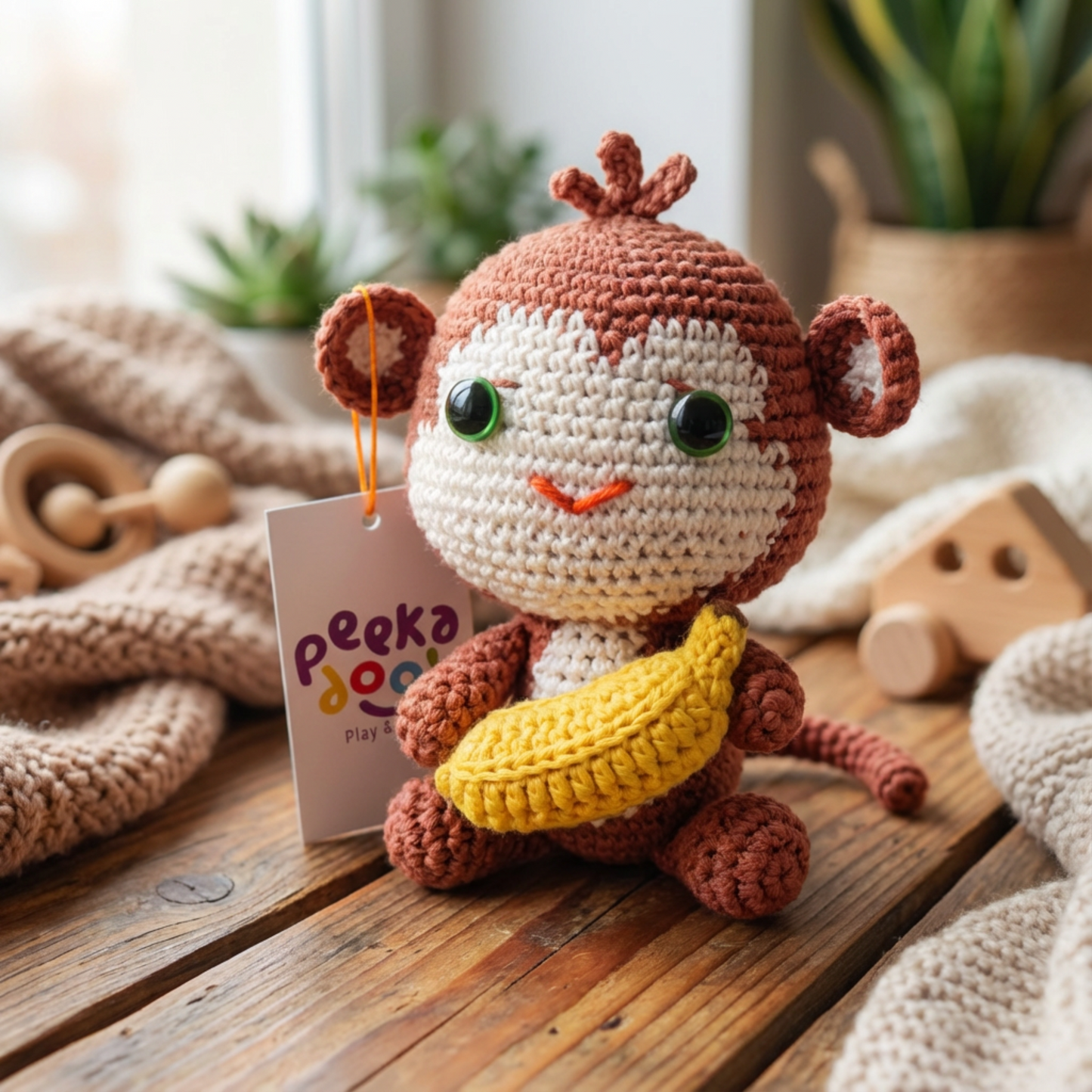 Bingo the Monkey Crocheted monkey toy with a banana, sitting on a wooden surface with a 'peekaboo' tag.