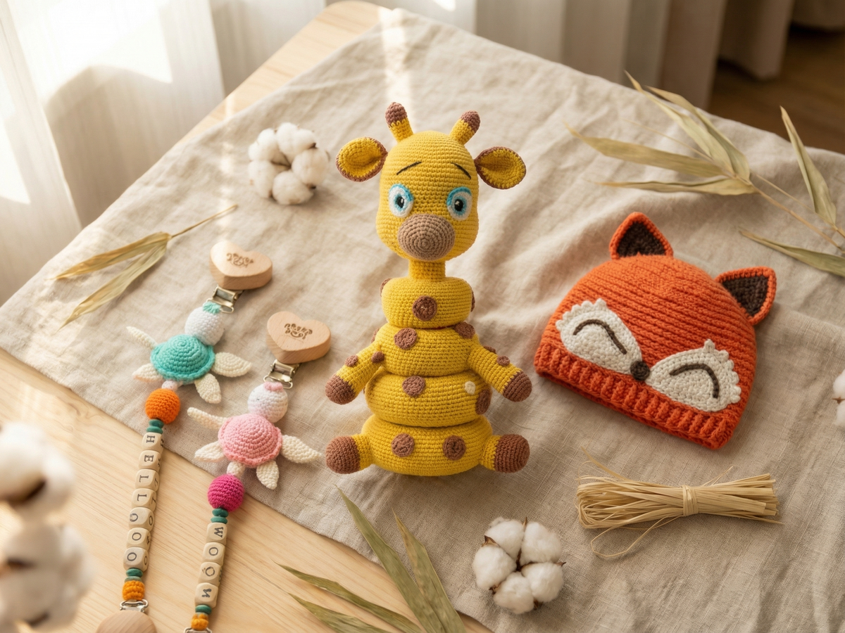 Crocheted giraffe toy, fox hat, and baby rattle on a wooden surface with cotton balls and bamboo leaves.