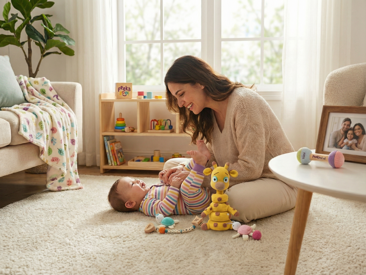 Woman playing with a baby on the floor in a bright living room.