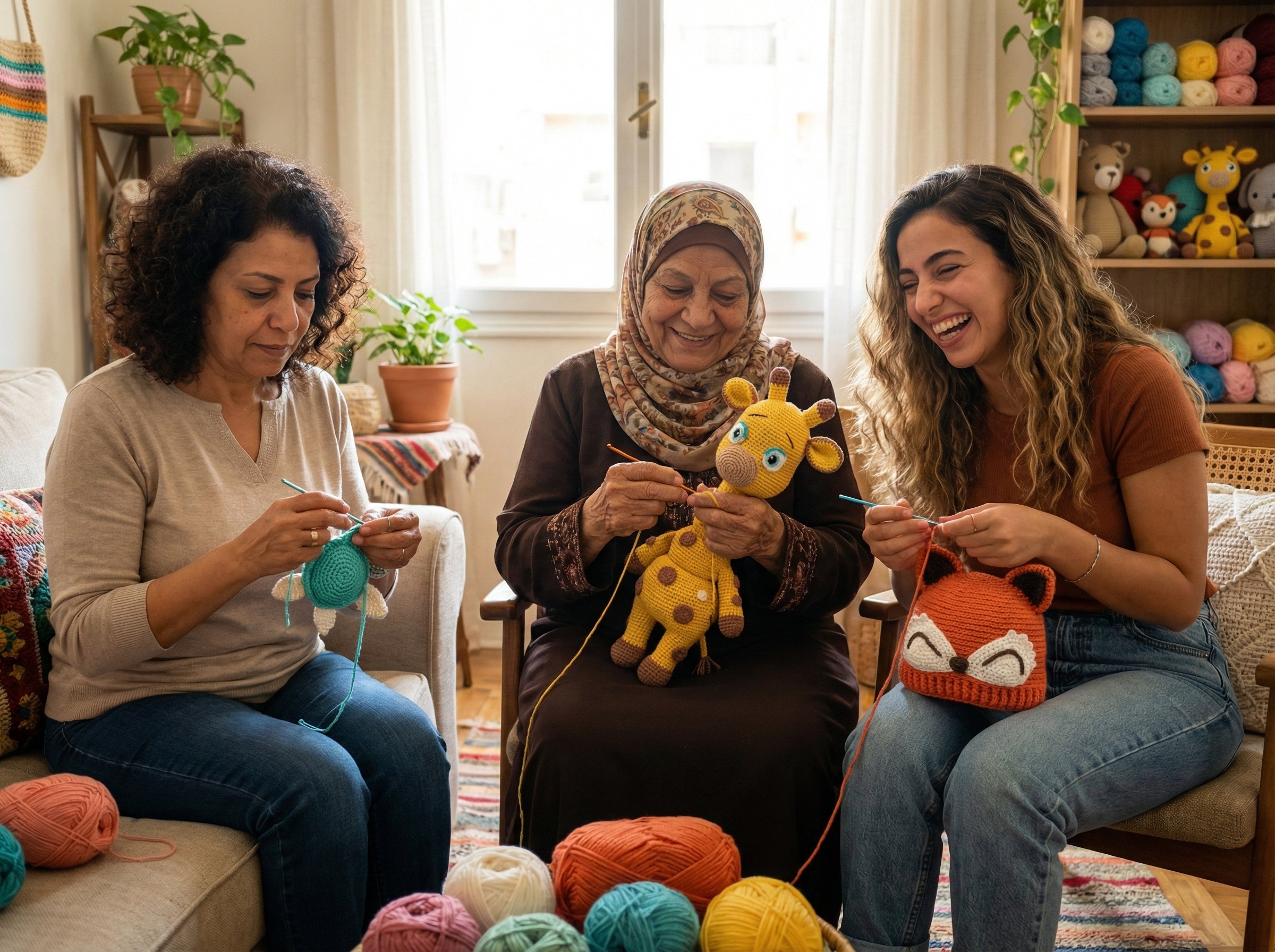 Three women sitting together in a cozy workspace, crocheting with colorful yarn and toys.